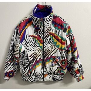 Vtg 80s-90s Tyrolia Ski Jacket Women Size Large Bright Zebra Print Reversible